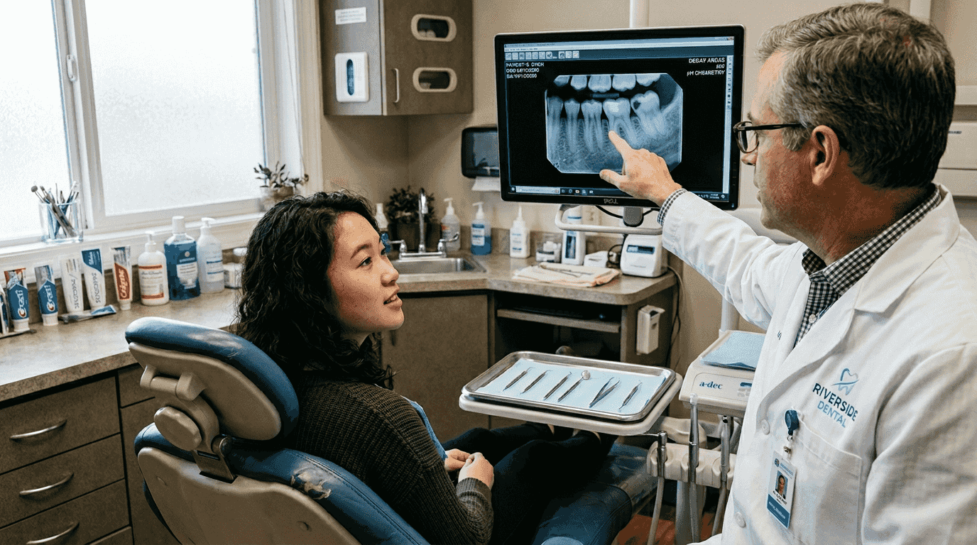Dentist explaining mouth chemistry to dental patient