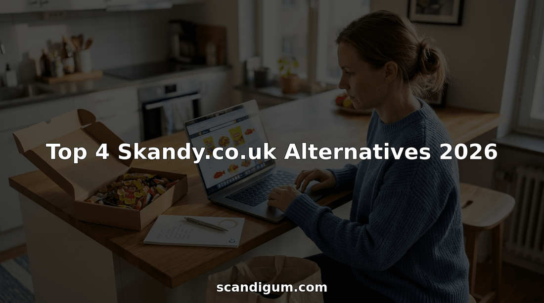 Woman comparing Swedish candy sites on laptop