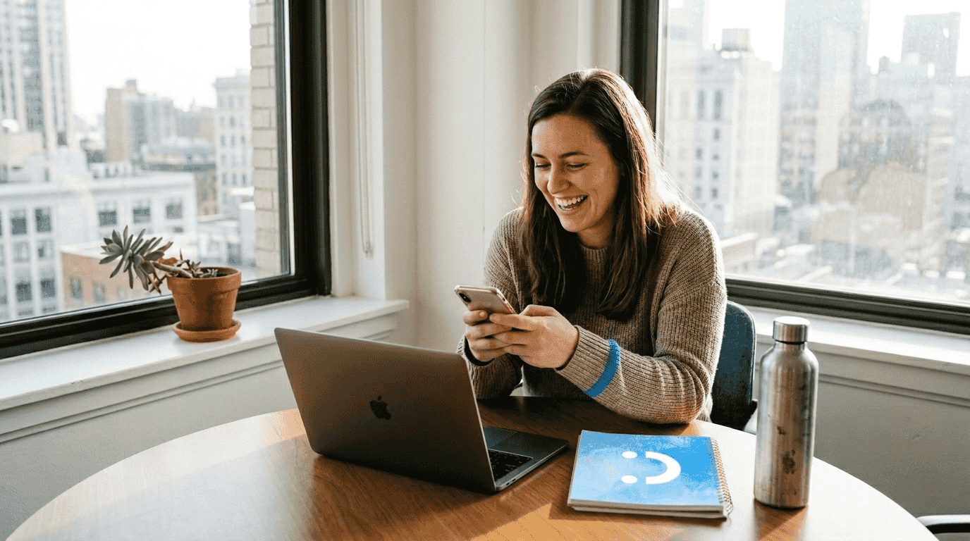 Woman smiling with white teeth in office