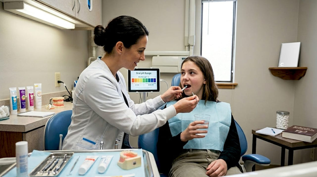Dentist showing pH test in dental exam room