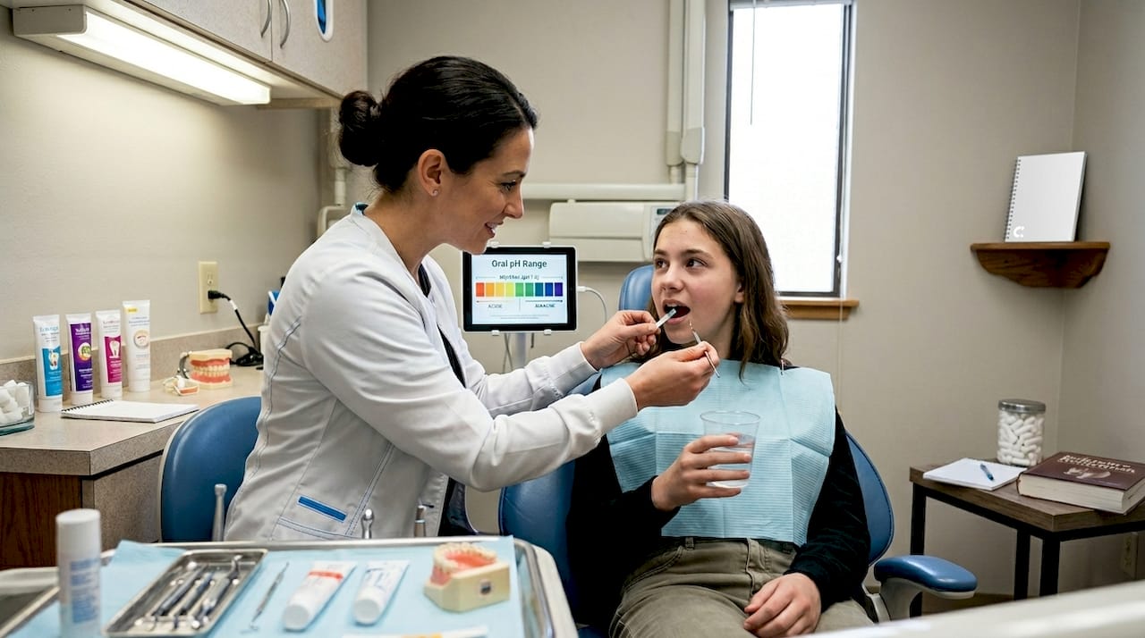 Dentist showing pH test in dental exam room