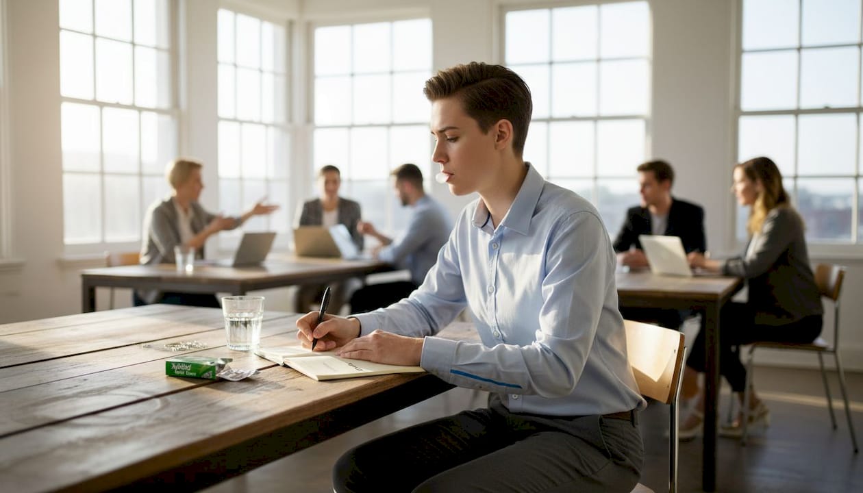 Young adult chewing gum at office desk