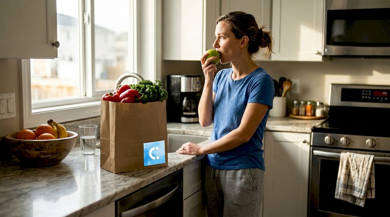 Woman chewing apple in bright kitchen