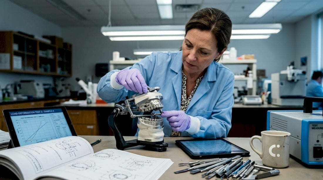 Dental lab technician inspecting chewing simulator