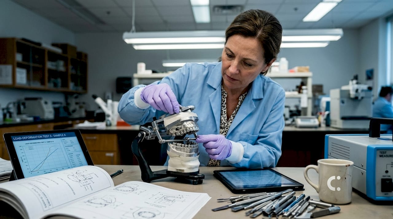 Dental lab technician inspecting chewing simulator