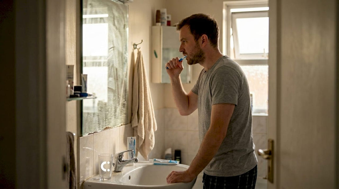 Man brushing teeth in home bathroom