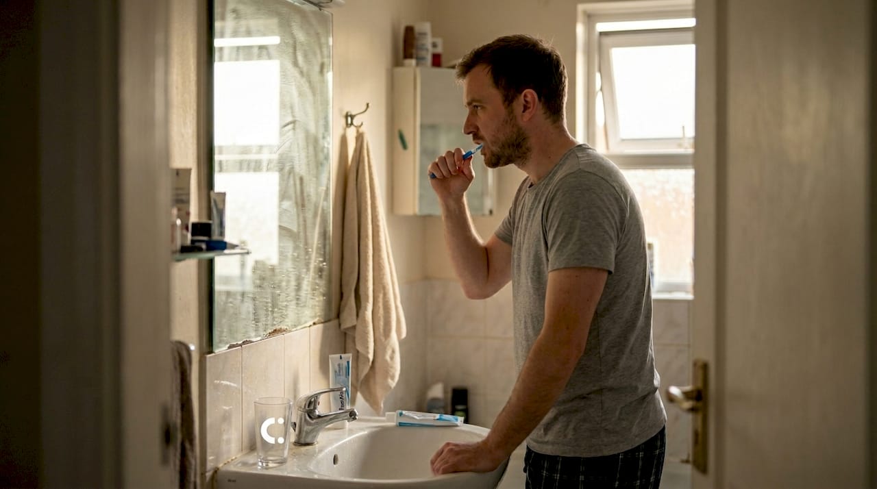 Man brushing teeth in home bathroom