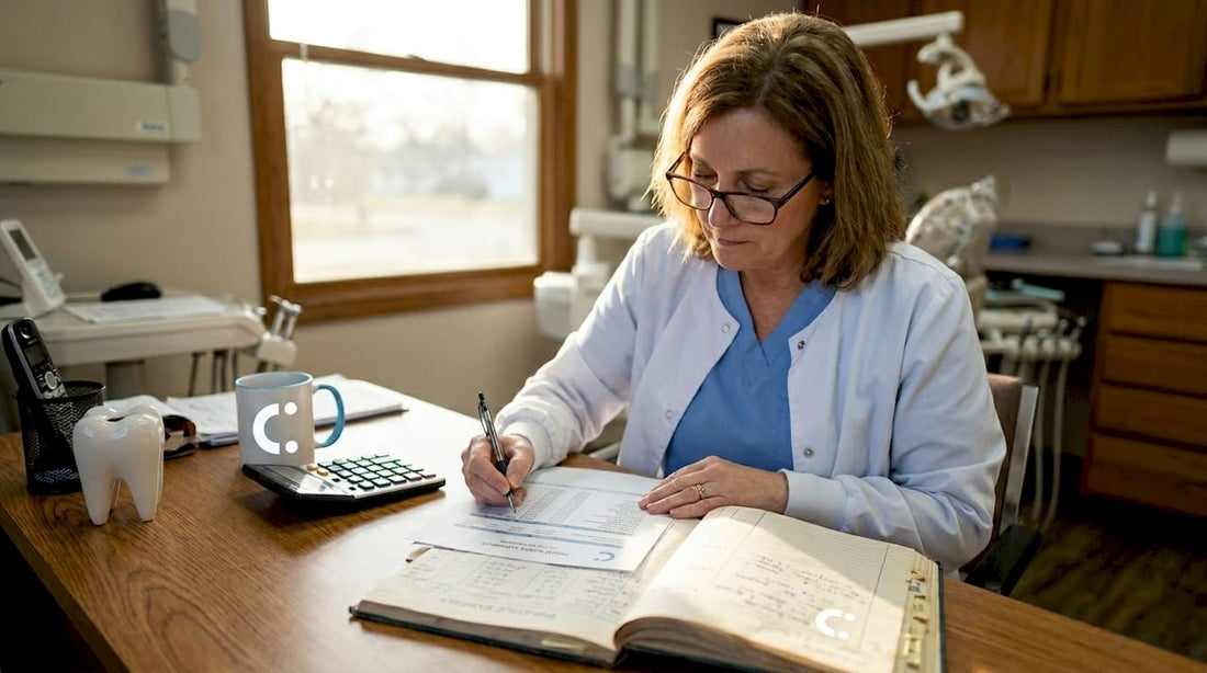 Dentist reviewing dental practice expense paperwork