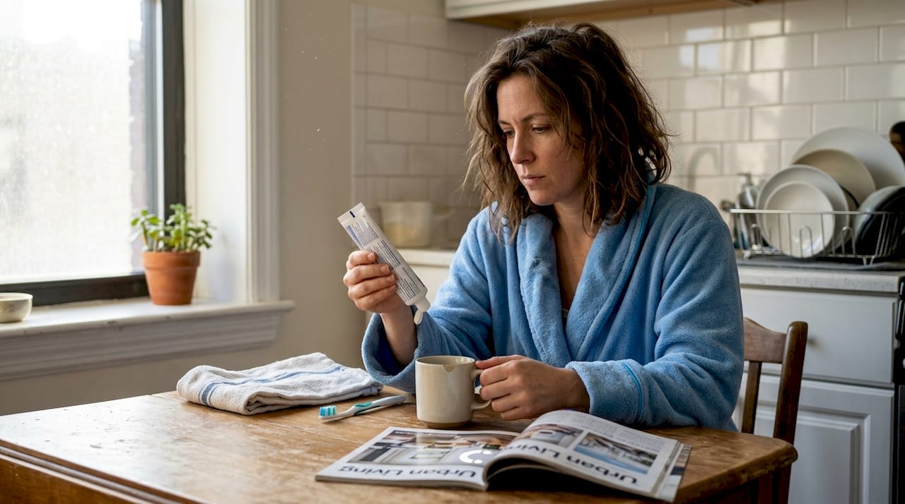 Woman reading whitening toothpaste label at kitchen table