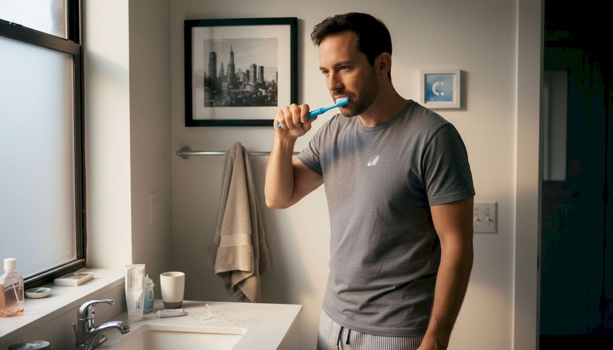 Man brushing teeth in morning bathroom routine