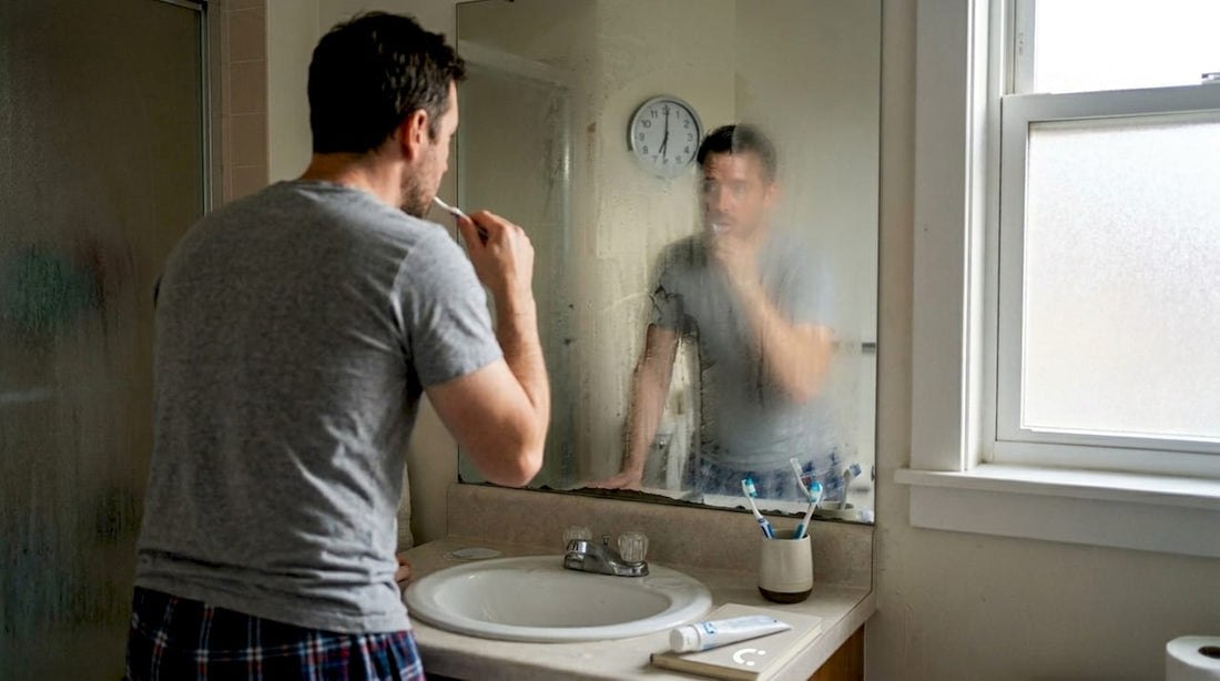 Adult brushing teeth in home bathroom