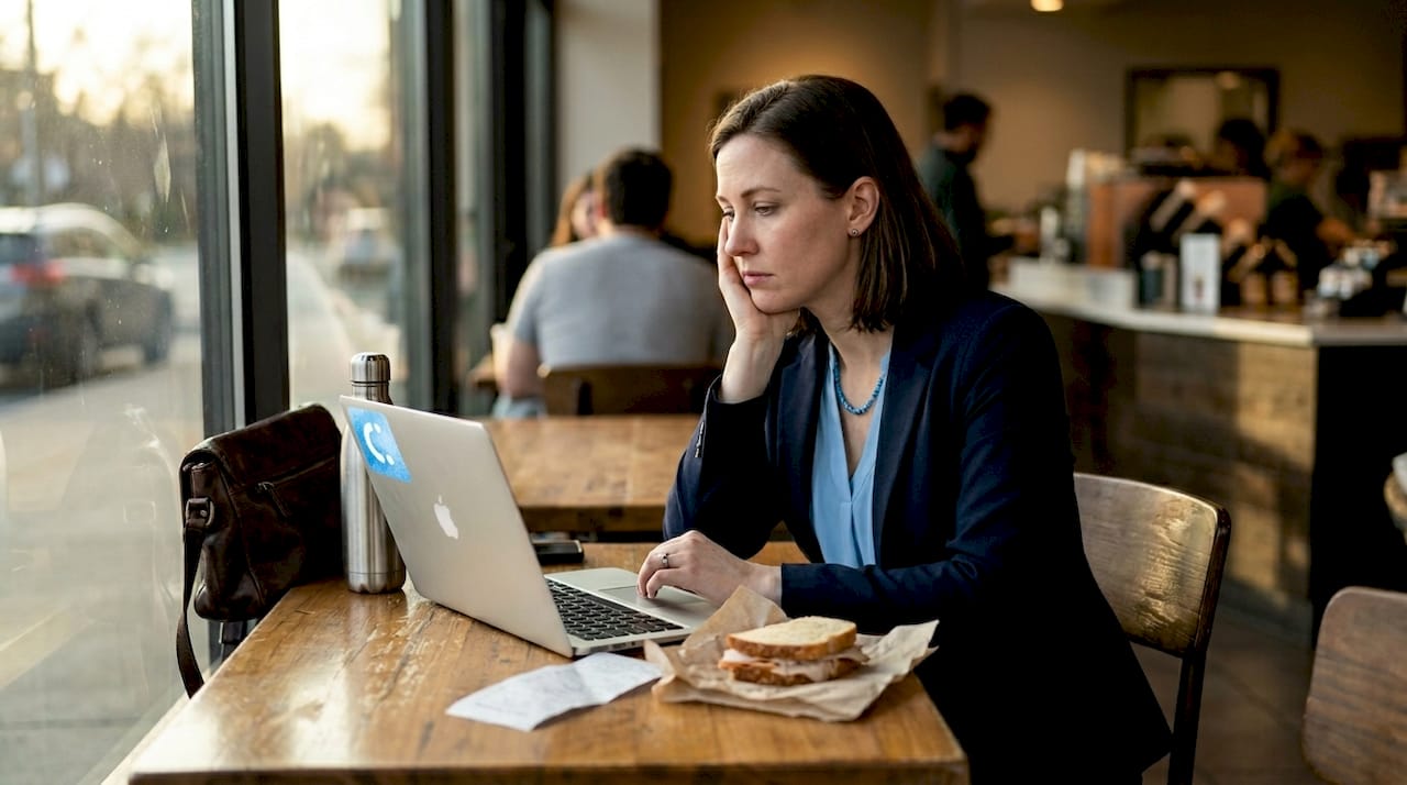 Stressed woman at cafe table touches her jaw