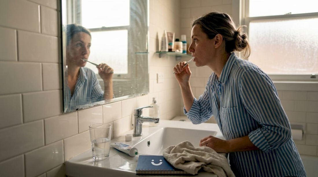 Woman brushing teeth morning bathroom routine