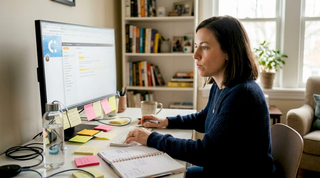 Woman chewing gum in home office