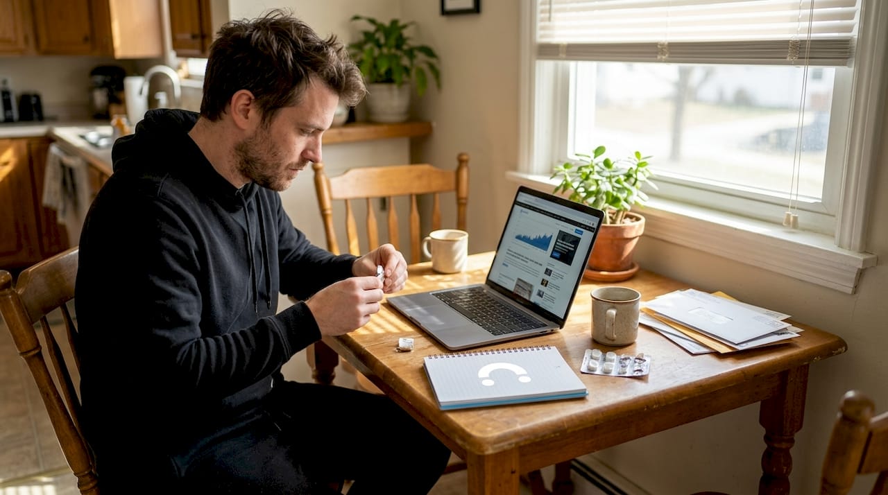 Man unwrapping energy gum at kitchen table