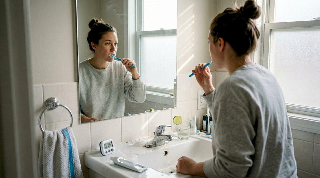 Woman brushing teeth at home bathroom sink