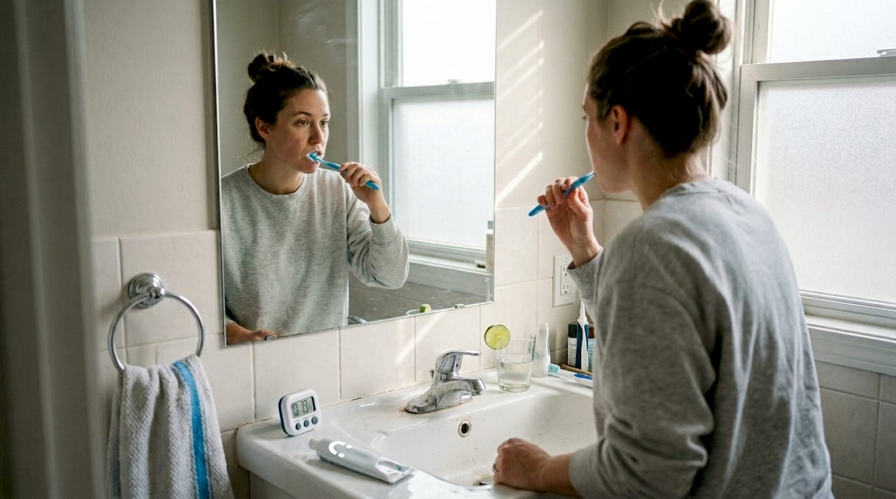 Woman brushing teeth at home bathroom sink