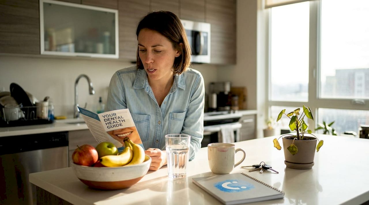 Woman chewing gum reading dental health guide