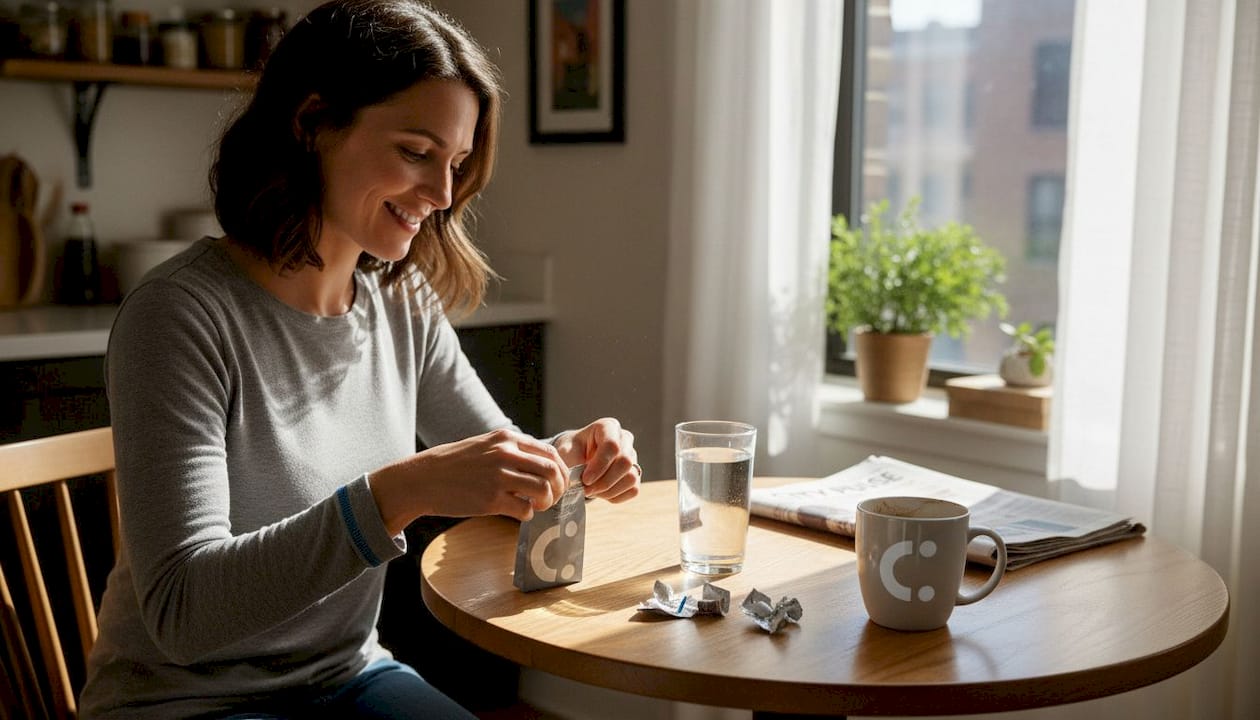 Woman opening gum at kitchen table morning