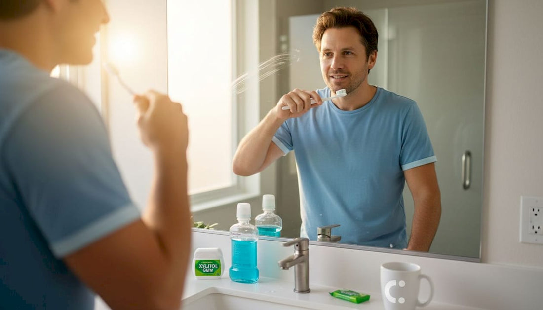 Brushing teeth in everyday bathroom setting