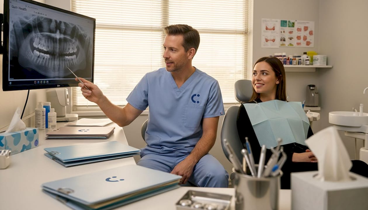 Dentist explains oral health to patient