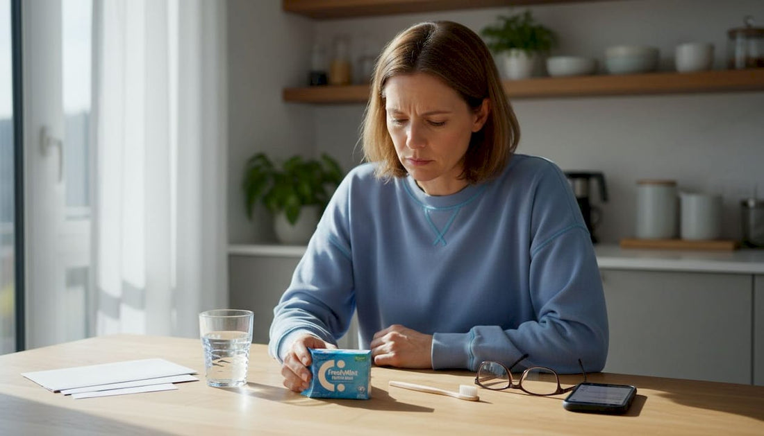 Woman compares dental gum and toothbrush at table