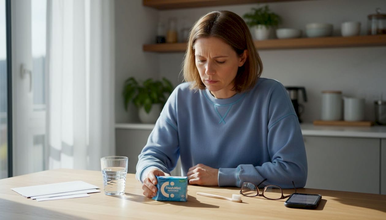 Woman compares dental gum and toothbrush at table