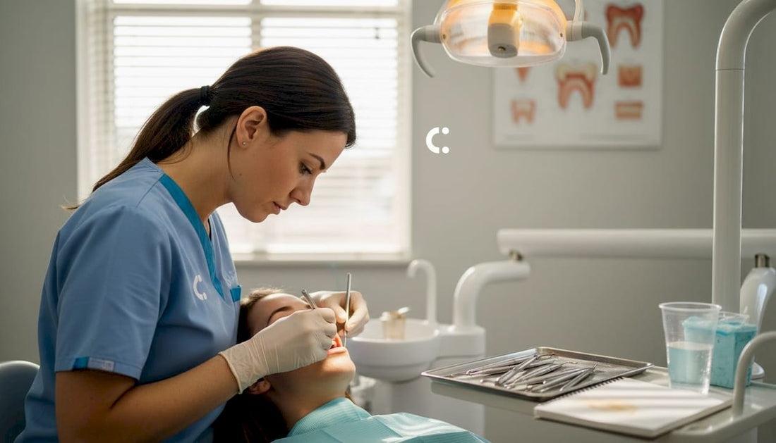 Dental hygienist examining patient in clinic