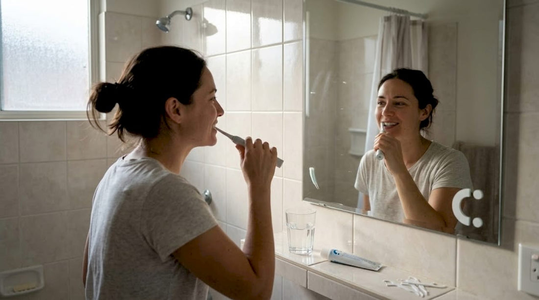 Woman brushing teeth in morning bathroom routine