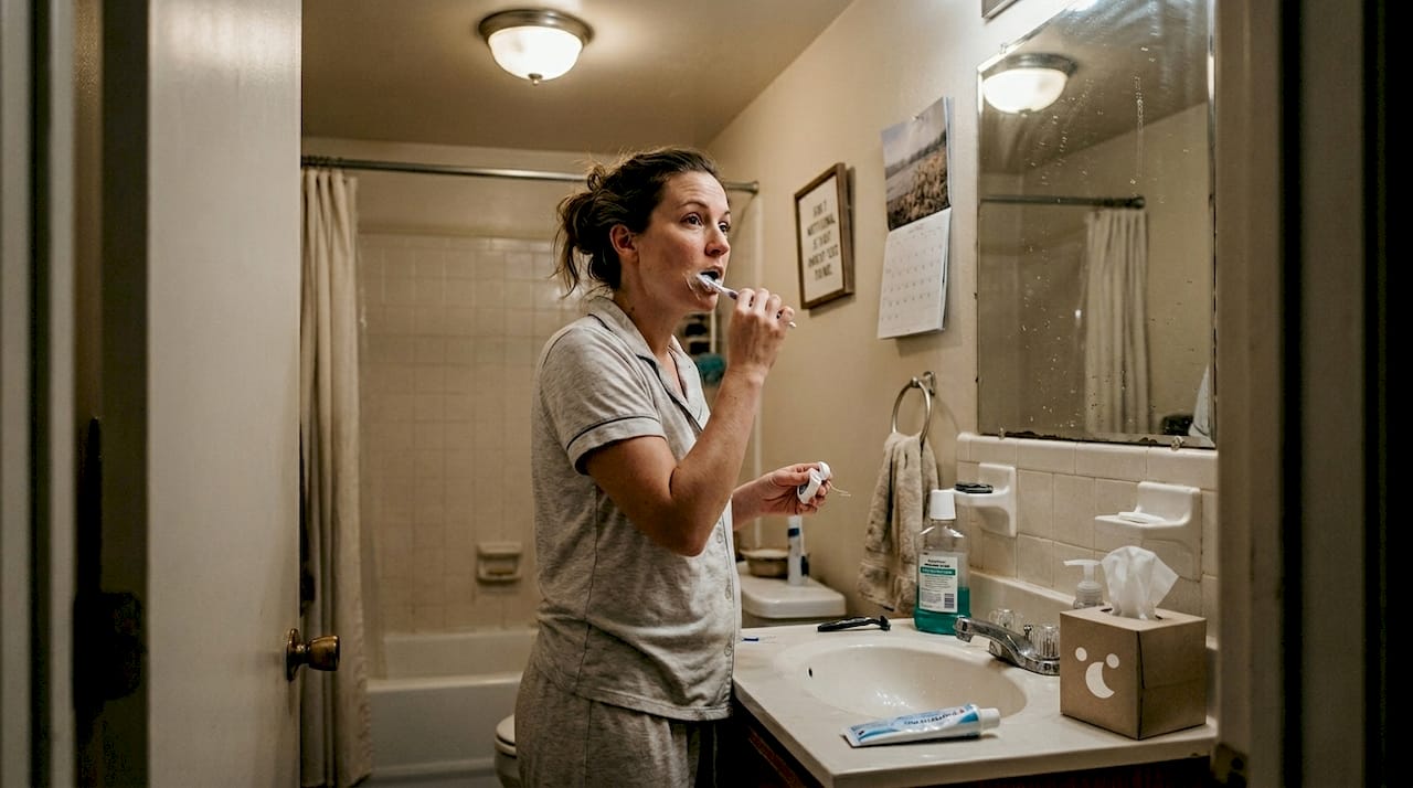 Woman practicing brushing and flossing at home sink