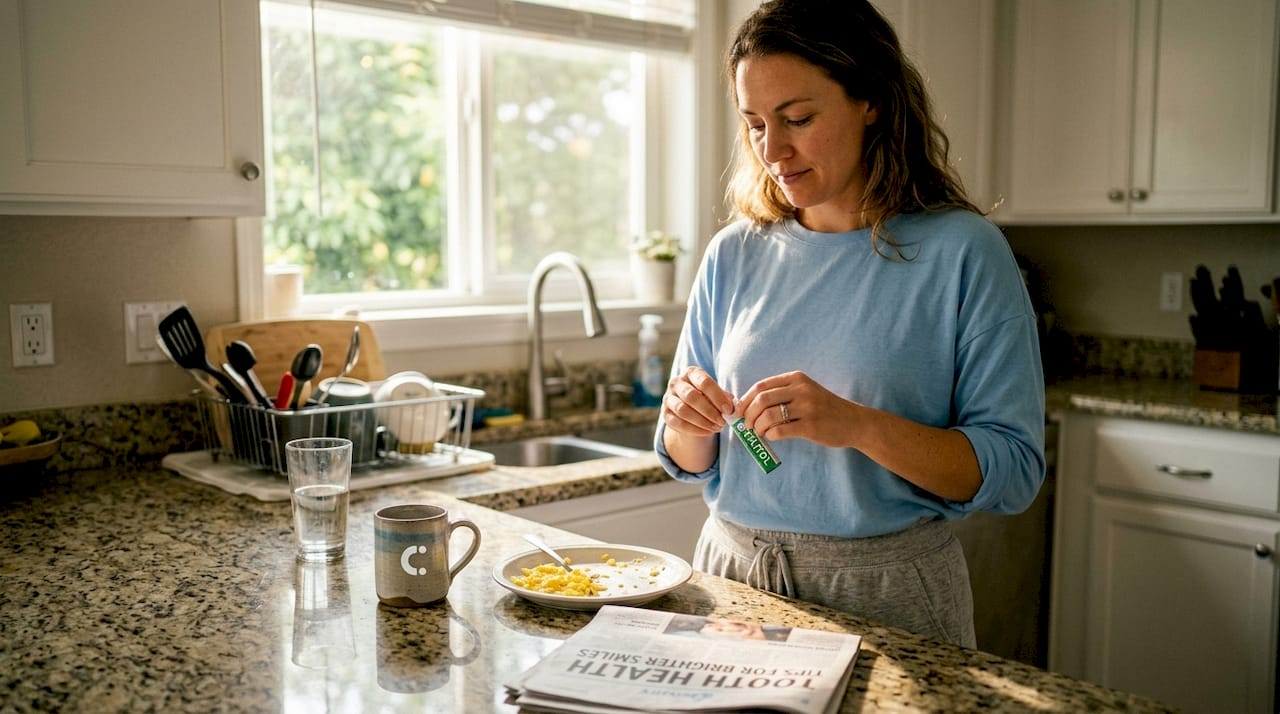 Woman unwrapping gum after breakfast