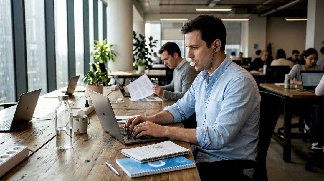 Office worker chewing gum focused at desk