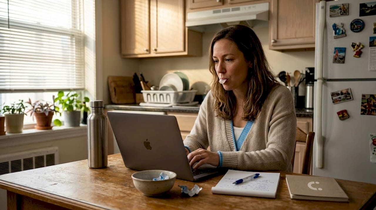 Woman chewing gum at kitchen table