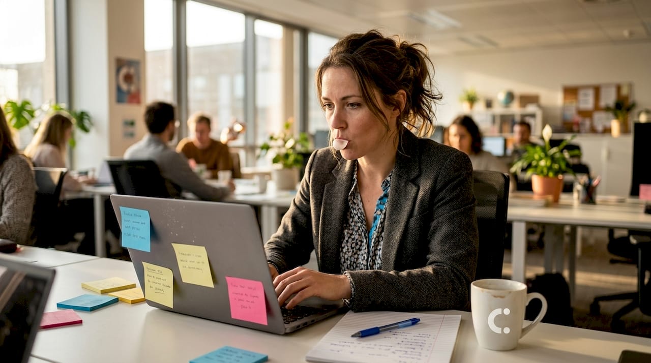 Office worker chewing gum at desk focused on laptop