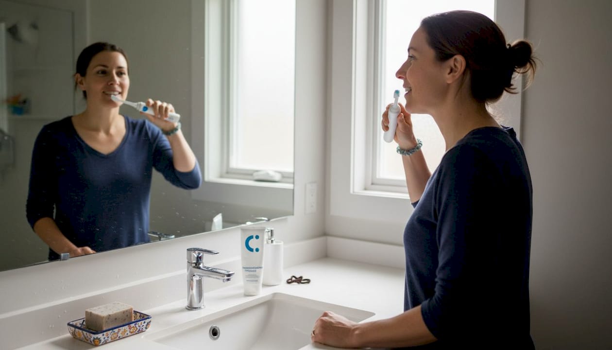 Woman brushing teeth with hydroxyapatite toothpaste