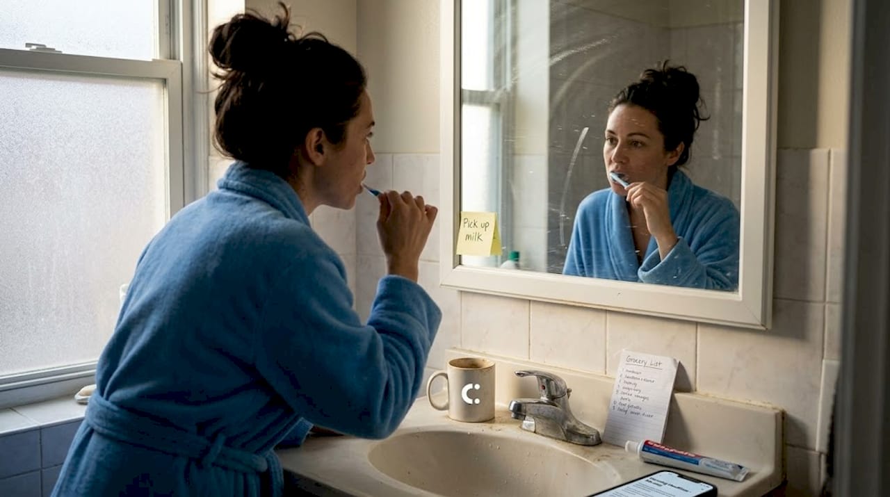 Woman in apartment bathroom brushing teeth in morning