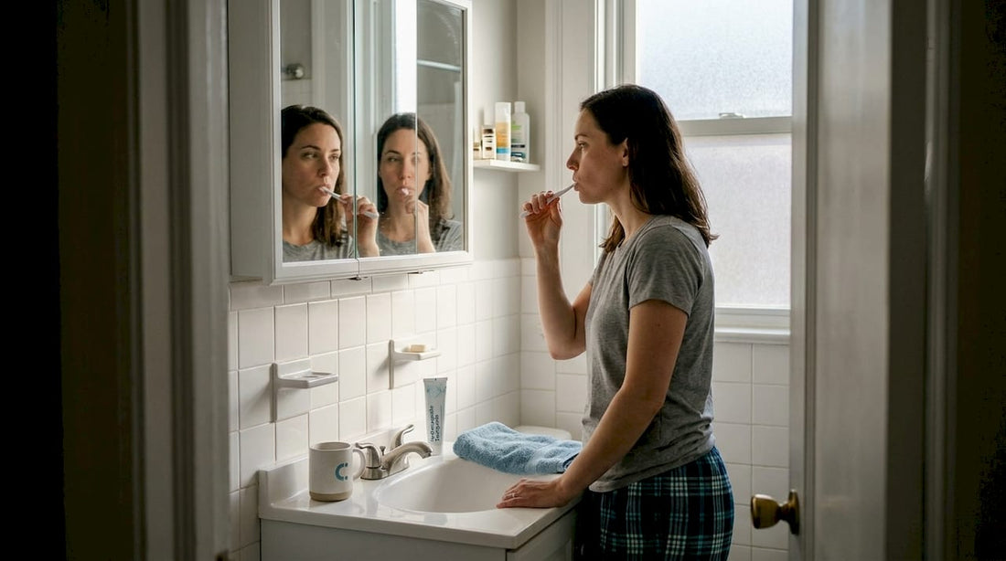 Woman brushing teeth with hydroxyapatite toothpaste