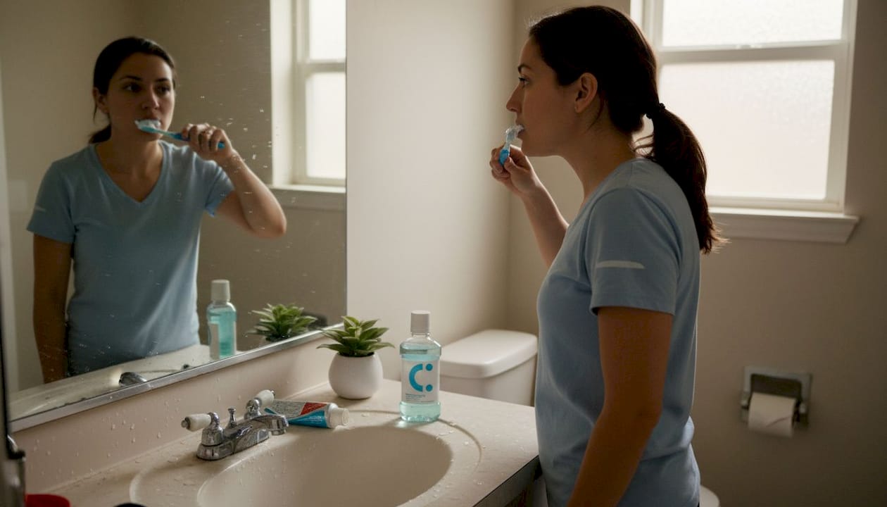 Woman brushing teeth in lived-in bathroom