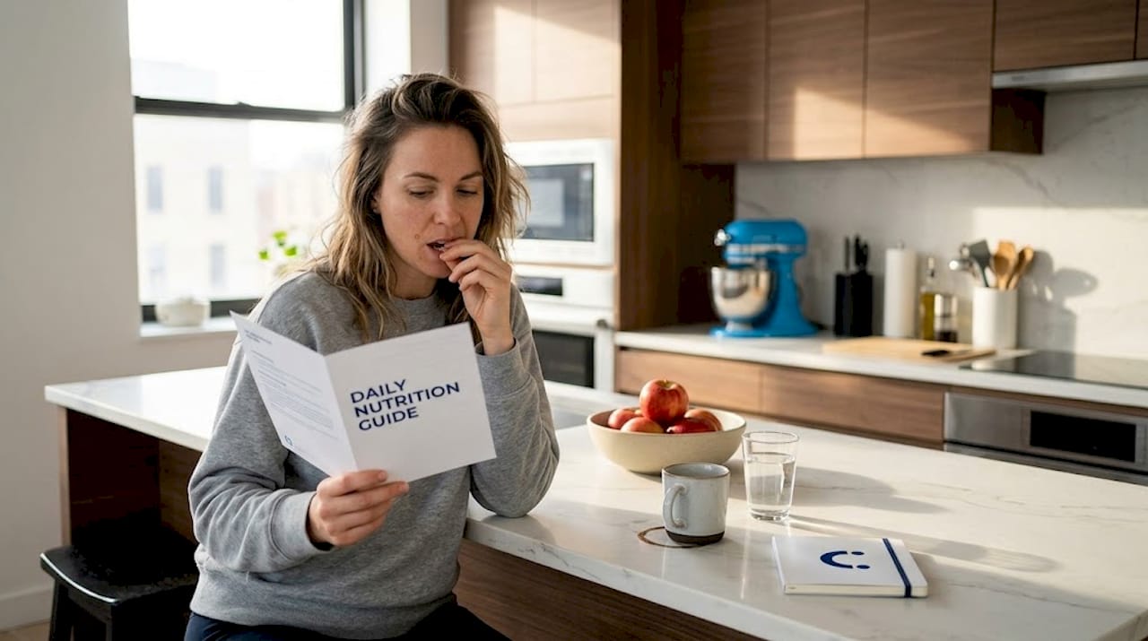 Woman chewing gum in urban kitchen