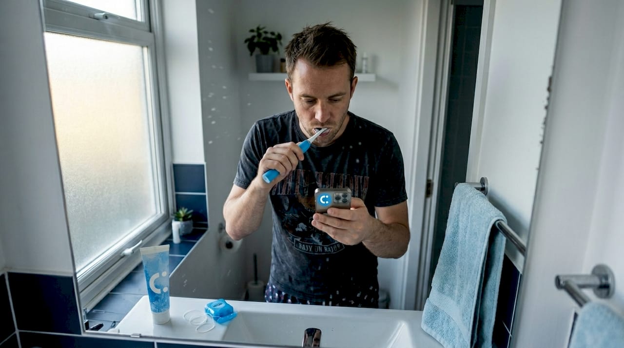 Man brushing teeth in apartment bathroom