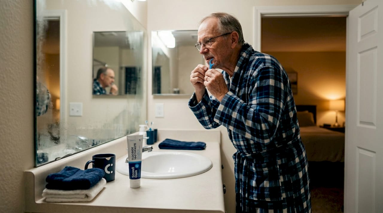 Older man brushing teeth at home sink