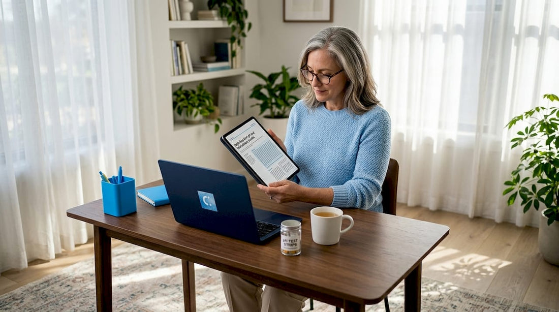 Dentist reviews oral pH info at home desk