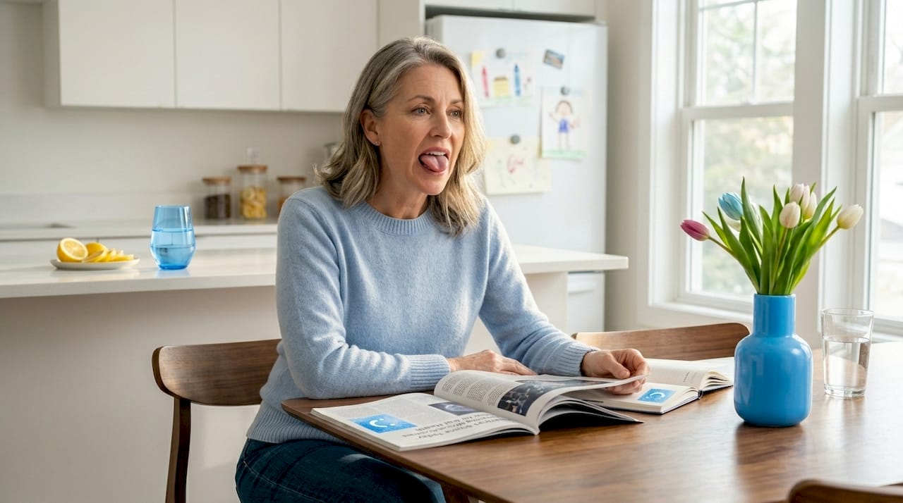 Woman reading at kitchen table, healthy smile