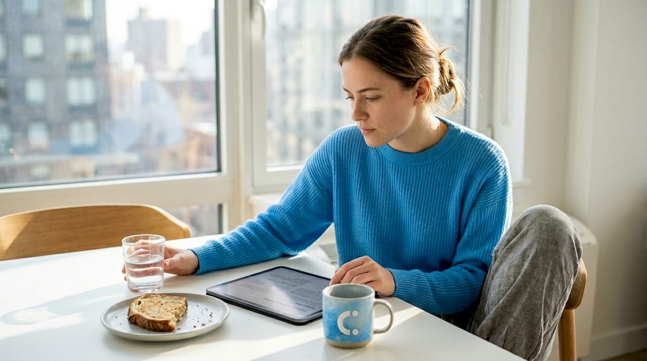 Woman chewing gum at breakfast table