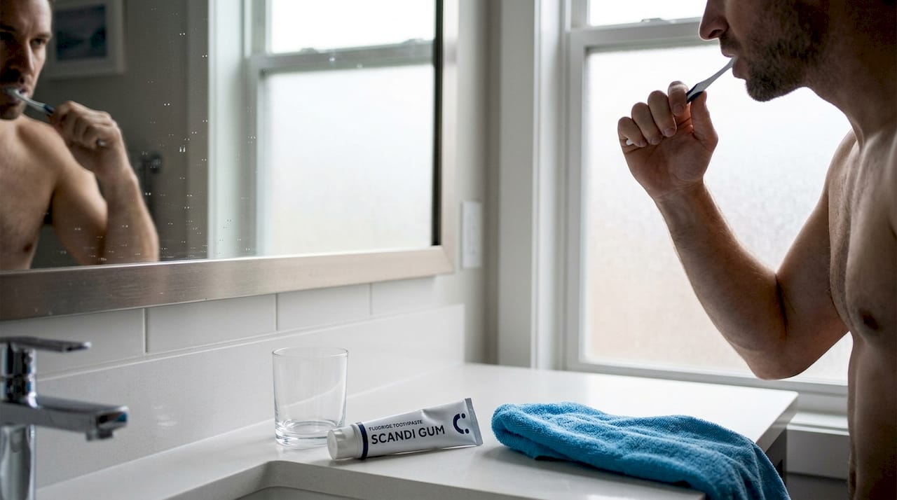 Man brushing teeth at apartment bathroom sink