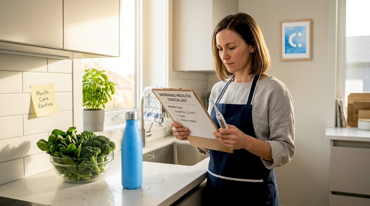 Woman reviews oral health routine in kitchen