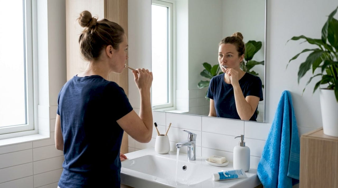 Woman brushing teeth in sunlit bathroom