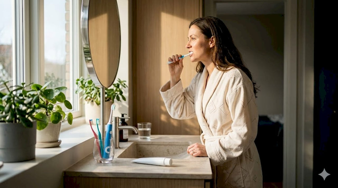 Woman brushing teeth in bright bathroom
