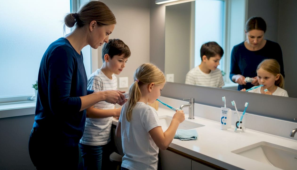 Family practicing daily dental hygiene