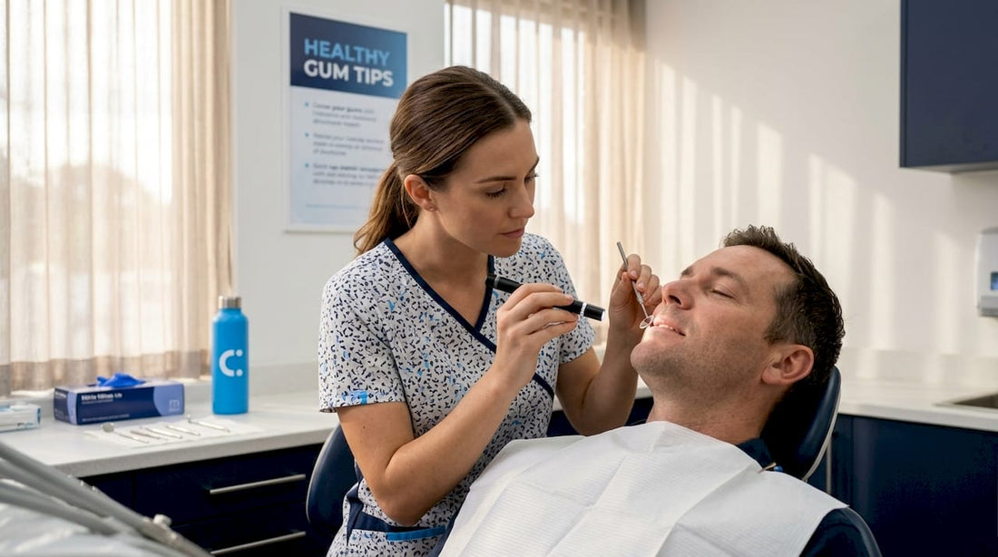 Dental hygienist examining gum health in clinic